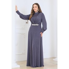 Elisa Tesettür Abiye Elbise Simli Kumaş, Astarlı ve Beli Taş Detaylı