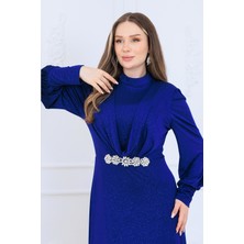 Elisa Tesettür Abiye Elbise Simli Kumaş, Astarlı ve Beli Taş Detaylı