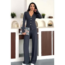 Zishan Fashion Kadın Fitilli Dokulu Ikili Takım – Düğmeli V Yaka Üst ve Bol Paça Pantolon – 4 Renk 10145