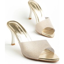 Dilimler Ayakkabı Kadın Ince Topuklu Terlik Gold Yan Yüzlü Şeffaf Üzeri Simli