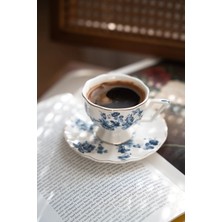 Dekorz Dükkan Ikili Vintage Mavi Çiçek Desenli Porselen Türk Kahvesi Fincan Seti