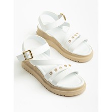 Dilimler Ayakkabı Kadın Dolgu Topuk Sandalet Beyaz Çapraz Bantlı Troklu