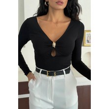 Zishan Fashion Kadın V Yaka Gold Detaylı Uzun Kollu Bluz – Siyah, Kahve, Beyaz, Bordo 10136