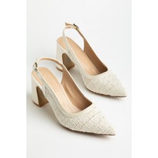Dilimler Ayakkabı Büyük Beden Kadın Kalın Topuklu Ayakkabı Bej Triko Üzeri Simli