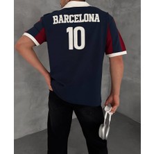 Bergibo Oversıze Barca Yakalı Tişört - %100 Pamuk Penye Barcelona Çubuk T-Shırt