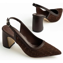 Dilimler Ayakkabı Büyük Beden Kadın Kalın Topuklu Ayakkabı Kahverengi Triko Üzeri Simli