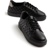 Dilimler Ayakkabı Siyah Kadın Spor Ayakkabı Kapitone Dikişli Bağlı