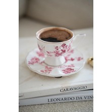 Dekorz Dükkan Ikili Vintage Majenta Çiçek Desenli Porselen Türk Kahvesi Fincan Seti