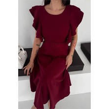 Dip Moda Kadın Bordo Kemer Detaylı Kol Fırfırlı Midi Boy Elbise DPK4559