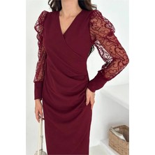 Dip Moda Kadın Midi Boy Bordo Kolu Tül Detaylı Bel Drapeli Örme Elbise DPK4375