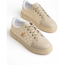 Dilimler Ayakkabı Bej Kadın Spor Ayakkabı Kapitone Dikişli Bağlı