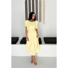 Dip Moda Kadın Sarı Kemer Detaylı Kol Fırfırlı Midi Boy Elbise DPK4559