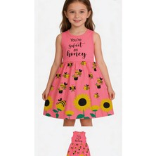 Akku Yeşil Arı & Ayçiçeği Desenli Kız Çocuk Elbise