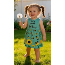 Akku Yeşil Arı & Ayçiçeği Desenli Kız Çocuk Elbise