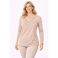 Mutlu City Yeni Model Taş Işlemeli Yuvarlak Yaka Likralı Anne Penye Bluz 6420