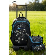 Glanart Lüks Çekçekli Tekerlekli Ilkokul Çantası 3 Bölmeli (Termoslu Besleme+Kalemlik) Set Astronot Desen