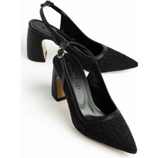 Dilimler Ayakkabı Büyük Beden Kadın Kalın Topuklu Ayakkabı Siyah Triko Üzeri Simli