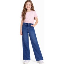 İrem Çocuk Giyim Kız Çocuk Geniş Paça Model Likralı Mavi Renk Düz Kot Pantolon