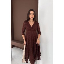 Dip Moda Kadın Kahverengi Kruvaze Yaka Midi Boy Esnek Kumaş Dantel Elbise