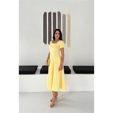 Dip Moda Kadın Sarı Kare Yaka Balon Kol Midi Boy Elbise DPK4550
