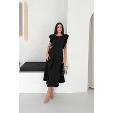 Dip Moda Kadın Siyah Kemer Detaylı Kol Fırfırlı Midi Boy Elbise DPK4559