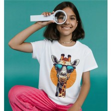 Alpşan Ticaret Zürafa Baskılı T-Shirt Çocuk Yetişkin Unisex Beyaz Zürafa Tişört