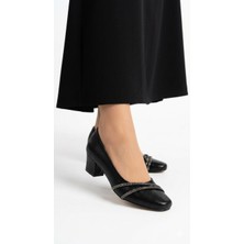 Kaof Shoes Kadın Siyah Kısa Kalın Topuklu Ayakkabı Klasik Ayakkabı Topuklu Anne Ayakkabısı Günlük Ayakkabı