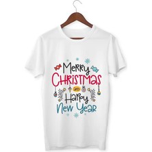 Alpşan Ticaret Yeni Yıl Tişört Merry Christmas T-Shirt Çocuk Yetişkin Beyaz T-Shirt Unisex Çocuk Tişört