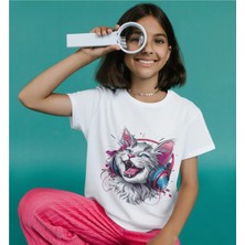 Alpşan Ticaret Kedi Baskılı T-Shirt Cat Çocuk Yetişkin Unisex Beyaz Kedi Tişört