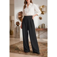 x Nurbeli Siyah Kadın Asimetrik Tasarımlı Lastikli Likralı Pantolon