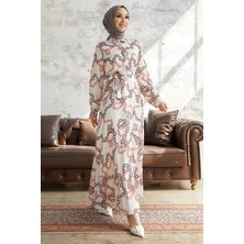 inStyle Ruby Zincir Desenli Kuşaklı Saten Elbise - Gri