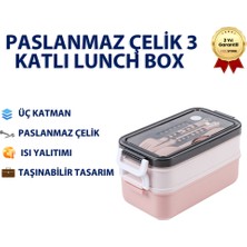 Pembe Paslanmaz Çelik 3 Katlı Yemek Taşıma Kabı Isı Yalıtımlı Lunch Box