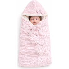 Xomini Kız Bebek Ana Kucağı, %100 Organik Kuzu Yünü Triko El Yapımı Kundak Battaniye (Pembe Renk)