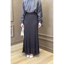 Neşeli Butik Kadın Kahverengi Dantel Kumaş Maxi Boy Tesettür Etek