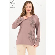 Kadın Orta Yaş ve Üzeri Viskon Şerit Desen Taşlı Işlemeli Likralı Pembe Anne Penye Bluz