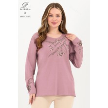 Kadın Orta Yaş ve Üzeri Viskon Renkli Yaprak Desenli Taşlı Işlemeli Likralı Pembe Anne Penye Bluz