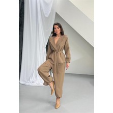 Neşeli Butik Vizon Kahverengi Kuşak Detaylı Oversize Şalvar Pantolon Blazer Ceket Takım NBNP023