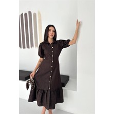 Neşeli Butik Kadın Kahverengi Eteği Volanlı Düğme Detaylı Kot Elbise NBK4565