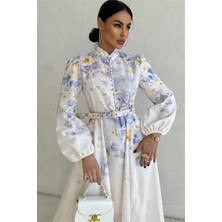 Neşeli Butik Kadın Ekru Ithal Kumaş Düğmeli Tasarım Elbise NBEMP2886