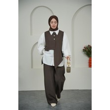 Neşeli Butik Kadın Haki Asimetrik Görünümlü Üçlü Tesettür Takım NBVQ3126