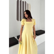 Neşeli Butik Kadın Sarı Kare Yaka Balon Kol Midi Boy Elbise NBK4550