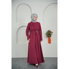 Neşeli Butik Kadın Bordo Drapeli Gold Toka Detaylı Tesettür Elbise NBVQ4958