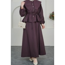 Neşeli Butik Kadın Bordo Pelerin Yaka Etekli Tesettür Takım NBVQ3134