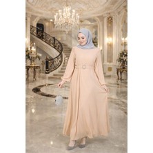 Neşeli Butik Kadın Bej Tül Kumaş Kemer Detaylı Büyük Beden Tesettür Elbise NBFT006