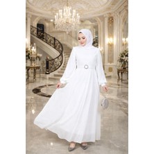 Neşeli Butik Kadın Beyaz Tül Kumaş Kemer Detaylı Büyük Beden Tesettür Elbise NBFT006