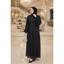 Neşeli Butik Kadın Siyah Tül Kumaş Kemer Detaylı Büyük Beden Tesettür Elbise NBFT006