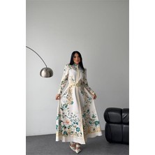 Neşeli Butik Kadın Kahverengi Hakim Yaka Çiçek Desenli Maxi Boy Tasarım Elbise NBMS2653