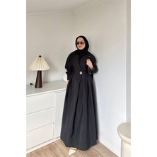 Neşeli Butik Kadın Siyah Bel Gold Toka Detaylı Gömlek Yaka Tesettür Elbise NMS085