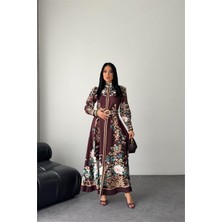 Neşeli Butik Kadın Kahverengi Hakim Yaka Çiçek Desenli Maxi Boy Tasarım Elbise NBMS2653