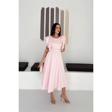 Neşeli Butik Kadın Pembe Kemer Detaylı Kol Fırfırlı Midi Boy Elbise NBK4559